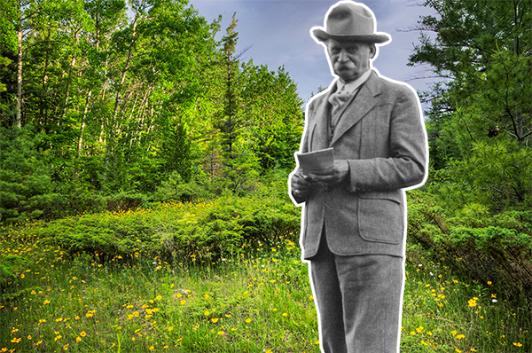Jens Jensen Landscape Architect in front of land from the Clearing Folk School